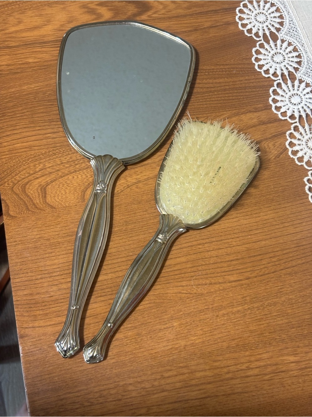 Vint Mid-Century Silver Tone Vanity Set – Hand Mirror & Hair Brush – Made in USA
